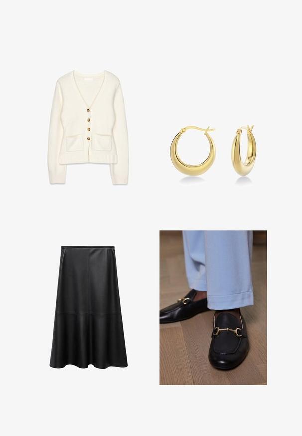 Biała dziergana kardigan z dekoltem w kształcie V, pięcioma brązowymi guzikami, dwoma przednimi kieszeniami i ściągaczami na mankietach. Miękka tekstura, casualowy design.; Czarna skórzana spódnica, w kształcie A, do kolan, o gładkiej fakturze, z detalami szwów, rozkloszowanym hemie i ukrytym zapięciem na suwak z tyłu.; Czarne skórzane loafersy z ozdobnym złotym fragmentem w kształcie wędzidła, połączone z jasnoniebieskimi spodniami, na drewnianej powierzchni podłogi.; Złote kolczyki w kształcie kółek z gładką, lustrzaną powierzchnią. Zakrzywiony wzór z zawiasowym zapięciem zapewnia bezpieczne noszenie.