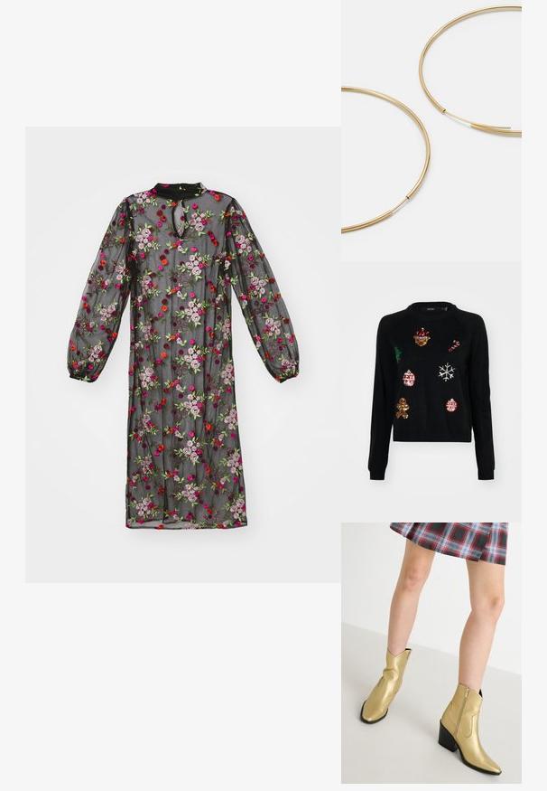 Čierny sveter s okrúhlym výstrihom, zdobený flitrami v podobe vianočných symbolov: stromček, ozdoby, perník a snehové vločky.; Priesvitné čierne šaty s dlhými, nadýchanými rukávmi, zdobené pestrou kvetinovou výšivkou v ružovej, červenej a zelenej farbe na textúrovanej látke. Detail v tvare kľúčovej dierky na výstrihu.; Zlaté kovové členkové topánky s špicatými prstami, so zipsom a blokovým podpätkom. Hladká textura s prešívanými akcentmi a klasický tvar.; Zlaté kruhové náušnice, tenké a okrúhleho tvaru, s hladkým kovovým povrchom a bez ozdôb alebo vzorov.