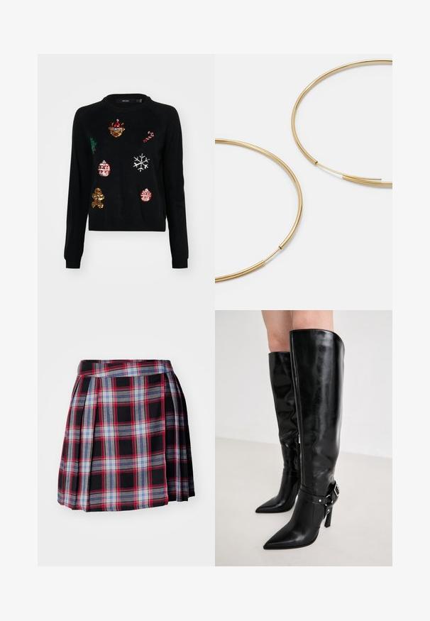 Juodas megztinis su apvaliu kaklu, puoštas kalėdinių simbolių: eglutė, puošmenos, meduoliai ir snaigės, blizgučiais.; Juoda languota sijonas su raudonais, mėlynais ir pilkais langeliais, su raukšlėmis ir plokščiu liemeniu, užtikrinančiu tvirtą prigludimą. Minkšta audinio tekstūra.; Steve Madden RIVARLY - Batai - black; Aukso spalvos žiedo auskarai, ploni ir apvalūs, su lygiu metaliniu paviršiumi be papuošimų ar raštų.
