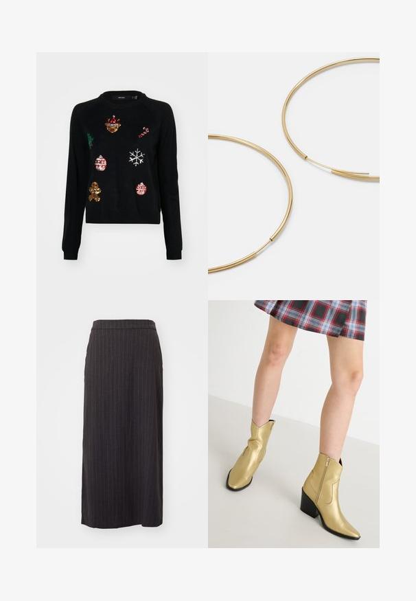 Juodas megztinis su apvaliu kaklu, puoštas kalėdinių simbolių: eglutė, puošmenos, meduoliai ir snaigės, blizgučiais.; Juodas juostuotas midi sijonas su tiesia siluetu, pasižymintis glotnia tekstūra ir juostos detalėmis viršuje. Šone yra plyšio detalė.; Auksinės metalizuotos kulkšninių botai su smailiais pirštais, užtrauktuku ir blokuotos kulno. Klasikinio silueto, su lygiu audiniu ir siūlėmis.; Aukso spalvos žiedo auskarai, ploni ir apvalūs, su lygiu metaliniu paviršiumi be papuošimų ar raštų.