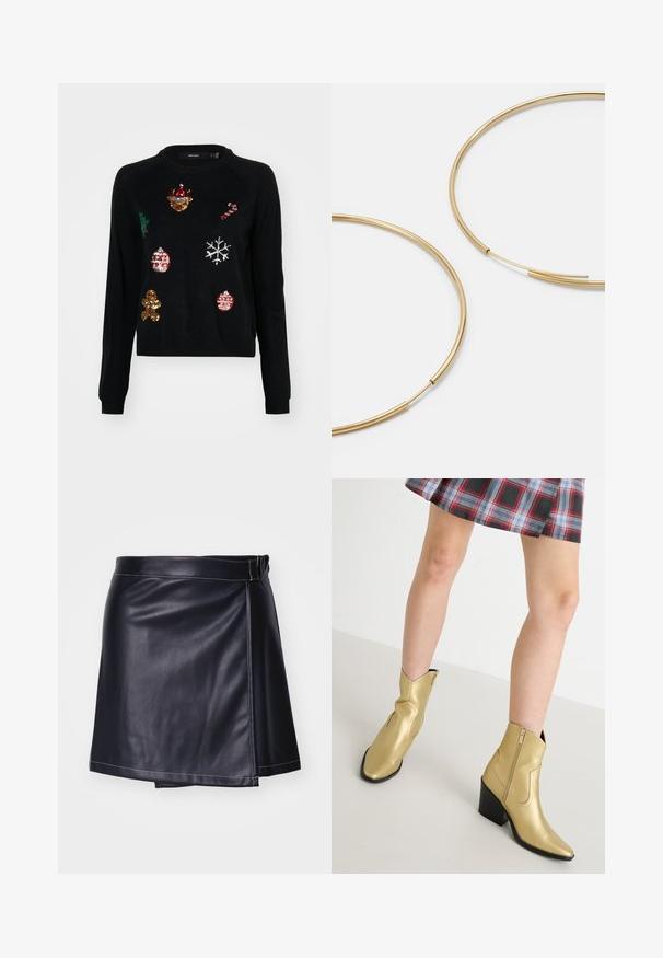 Črna pulover s okroglim izrezom, okrašen s pozlačenimi bleščicami v obliki božičnih ikon: drevesca, okraskov, medenjakov in snežink.; Črna usnjena mini krilo s preklopnim dizajnom, ki se ponaša z gladko teksturo, belimi šivi in prilegajočim pasom.; Zlate gležnjarje z zoženim koničastim sprednjim delom in črnim petnim delom. Izdelane so iz sijočega, gladkega materiala, z stranskim zadrgo in všitimi poudarki.; Zlate obroče ušesne uhane, tanke in krožne oblike, z gladko kovinsko površino brez okrasnih elementov ali vzorcev.
