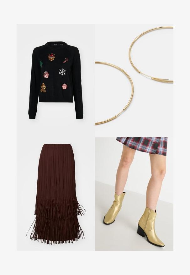 Juodas megztinis su apvaliu kaklu, puoštas kalėdinių simbolių: eglutė, puošmenos, meduoliai ir snaigės, blizgučiais.; Ruda klostuota midi sijonas su sluoksniuota frizė detale apatinėje dalyje, su elastinga juosmens juosta ir plazdančia tekstūra.; Auksinės metalizuotos kulkšninių botai su smailiais pirštais, užtrauktuku ir blokuotos kulno. Klasikinio silueto, su lygiu audiniu ir siūlėmis.; Aukso spalvos žiedo auskarai, ploni ir apvalūs, su lygiu metaliniu paviršiumi be papuošimų ar raštų.