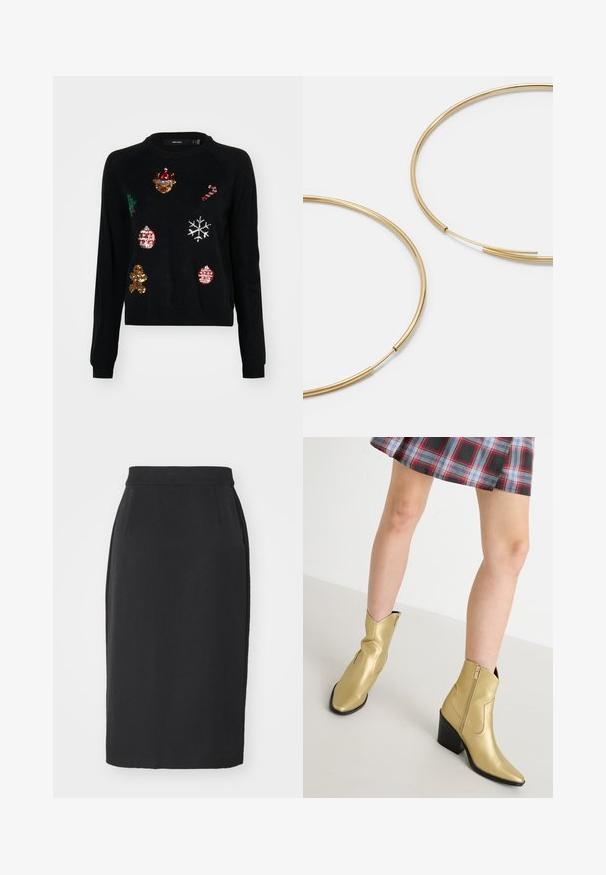 Črna pulover s okroglim izrezom, okrašen s pozlačenimi bleščicami v obliki božičnih ikon: drevesca, okraskov, medenjakov in snežink.; Črna svinčnik krila iz gladkega materiala. Ima visok pas, krojeni obliko in dolžino do kolen z minimalnim okrasjem.; Zlatne metalne gležnjače s šiljastim nosom, zatvaranjem na zip i blok petom. Glatka tekstura s ukrasnim šavovima i klasičnim oblikom.; Zlate obroče ušesne uhane, tanke in krožne oblike, z gladko kovinsko površino brez okrasnih elementov ali vzorcev.