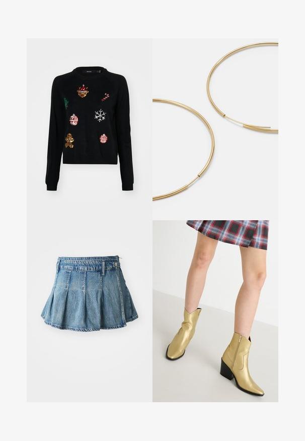 Črna pulover s okroglim izrezom, okrašen s pozlačenimi bleščicami v obliki božičnih ikon: drevesca, okraskov, medenjakov in snežink.; Denim mini krilo v svetlo modri barvi, z razširjenim dizajnom, naborki in kontrastnim šivanjem. Vključuje pas z enojnim gumbom.; Zlatne metalne gležnjače s šiljastim nosom, zatvaranjem na zip i blok petom. Glatka tekstura s ukrasnim šavovima i klasičnim oblikom.; Zlate obroče ušesne uhane, tanke in krožne oblike, z gladko kovinsko površino brez okrasnih elementov ali vzorcev.