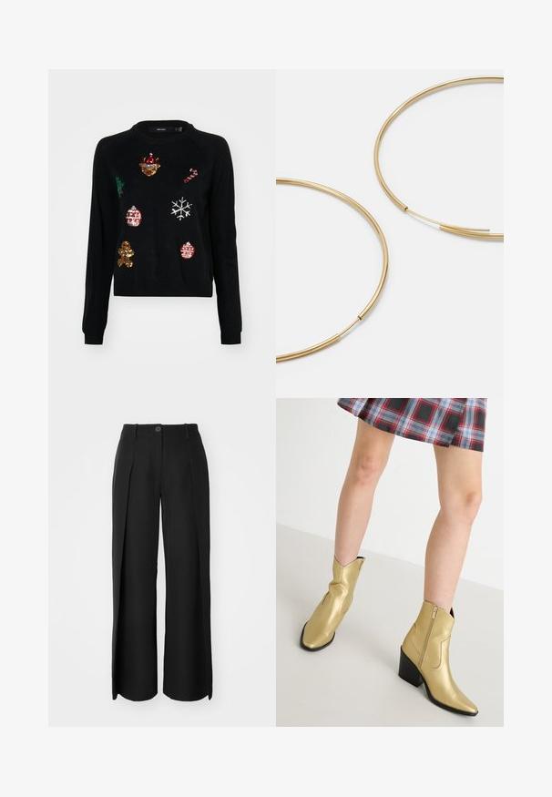 Črna pulover s okroglim izrezom, okrašen s pozlačenimi bleščicami v obliki božičnih ikon: drevesca, okraskov, medenjakov in snežink.; Črne široke hlače iz gladkega materiala imajo sprednje gubice, en gumb za zapiranje in zanko za pas.; Zlatne metalne gležnjače s šiljastim nosom, zatvaranjem na zip i blok petom. Glatka tekstura s ukrasnim šavovima i klasičnim oblikom.; Zlate obroče ušesne uhane, tanke in krožne oblike, z gladko kovinsko površino brez okrasnih elementov ali vzorcev.