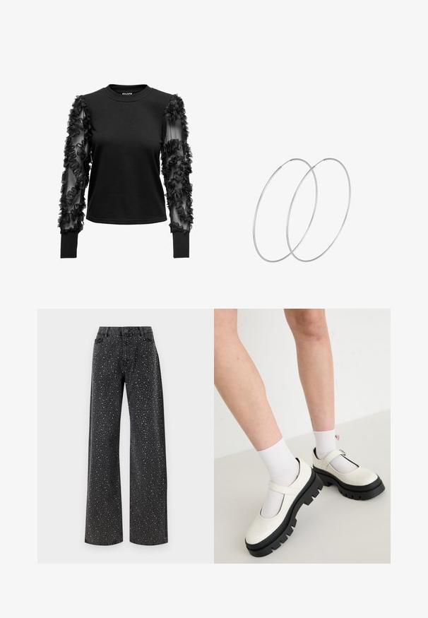 Čierny top s dlhým rukávom s mäkkým, priliehavým telom a priehľadnými rukávmi zdobenými látkovými volánmi, ktoré vytvárajú textúrovaný akcent pri manžetách.; Noisy May NMJANNEL LOOSE - Džínsy voľného strihu - black denim; Biele lakované kožené topánky typu Mary Jane s robustnou čiernou podrážkou, s pásikom cez priehlavok a nosené s bielymi ponožkami.; Strieborné kruhové náušnice s minimalistickým dizajnom. Cirkulárny tvar, hladký povrch a tenký profil. Ľahké s lesklým povrchom.
