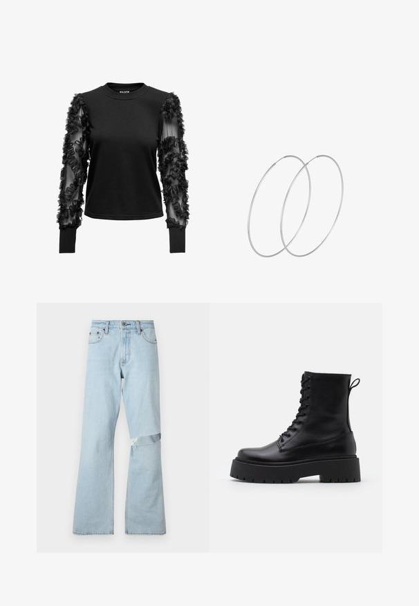 Haut noir à manches longues avec un corps doux et ajusté, et des manches transparentes ornées de volants en tissu, créant un accent texturé près des poignets.; Jean en denim bleu clair avec un design évasé, présentant un patch usé au genou et des poches avant classiques.; Bottines en cuir noir avec un bout rond, un laçage à l'avant et une épaisse semelle en caoutchouc dotée d'un motif texturé. Tirer au dos.; Boucles d'oreilles en argent au design minimaliste. Forme circulaire, texture lisse et profil fin. Légères avec une finition polie.