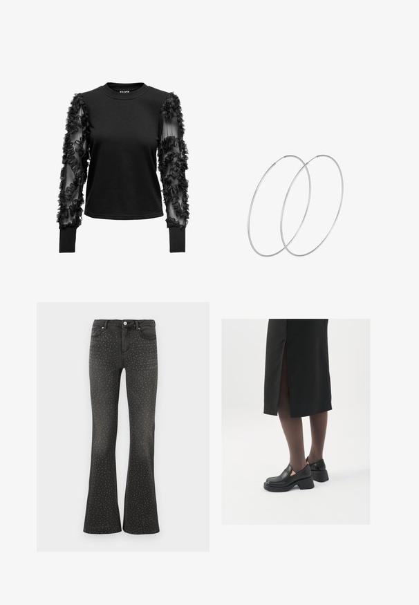 Schwarzes Langarmoberteil mit einem weichen, figurbetonten Körper und durchsichtigen Ärmeln, die mit Stoffrüschen verziert sind und einen strukturierten Akzent in der Nähe der Bündchen schaffen.; Schwarze, ausgestellte Jeans aus Denim mit weißen Nieten in der gesamten Gestaltung. Hohe Taille mit klassischem Fünf-Pocket-Design und Reißverschluss.; Schwarze Lederschuhe mit abgerundetem Zeh, dicker Blockabsatz und elastischen seitlichen Akzenten, kombiniert mit dunklen Strumpfhosen und einem schwarzen Rock mit Schlitz.; Silberne Creolen mit minimalistischem Design. Rundform, glatte Oberfläche und dünnes Profil. Leichtgewichtig mit hochglänzender Oberfläche.