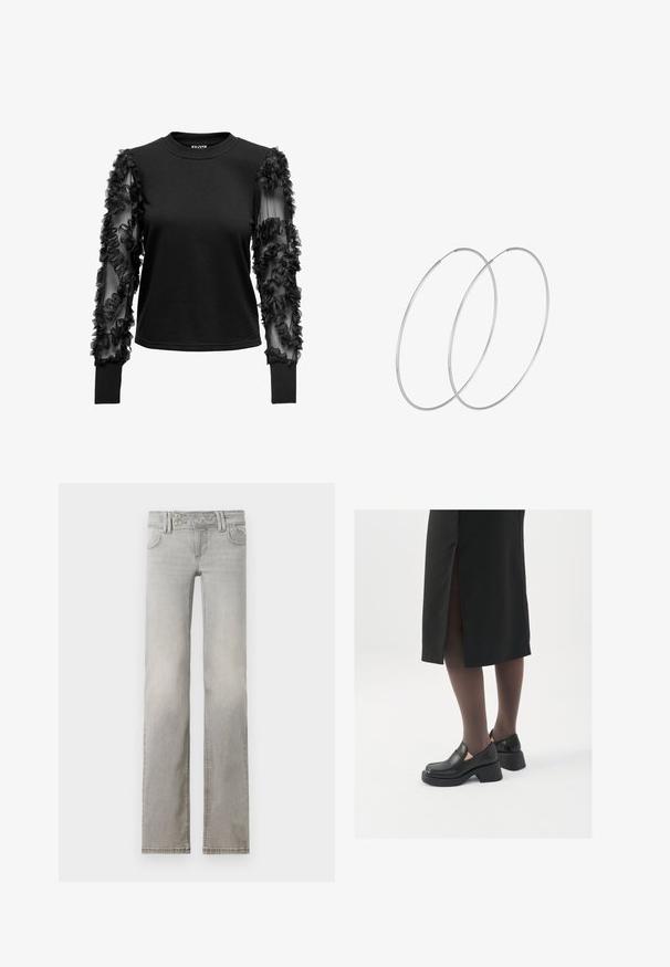 Haut noir à manches longues avec un corps doux et ajusté, et des manches transparentes ornées de volants en tissu, créant un accent texturé près des poignets.; Jean gris clair avec une coupe droite, en denim. Il dispose de deux poches avant, d'une taille avec deux boutons et de coutures visibles.; Chaussures noires en cuir avec un bout arrondi, un épais talon bloc et des accents latéraux élastiques, associées à des bas foncés et une jupe noire avec une fente.; Boucles d'oreilles en argent au design minimaliste. Forme circulaire, texture lisse et profil fin. Légères avec une finition polie.