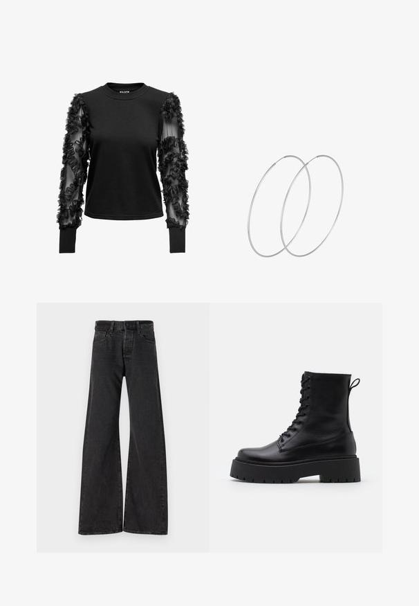 Mustad pika varrukatega topp, millel on pehme, liibuv keha ja õhuke vart, mida kaunistavad kangast ripsmed, luues tekstuurilise aktsendi varrukate lähedal.; Mustad laiad teksapüksid, mis on valmistatud denimist. Omavad nupuga sulgemist, vöörihmasid ning kahte esimest taskut. Kangas on õrnalt tekstureeritud.; Mustad mustad nahast pahkluu saapad ümarate varvastega, nööridega esiosas ja paksu kummist talla ning tekstuuritud mustriga. Tagumine tõmbeaas.; Hõbedased rõngastikkaehingad minimalistlikus disainis. Ümar kuju, sile tekstuur ja õhuke profiil. Kerged ning poleeritud viimistlusega.