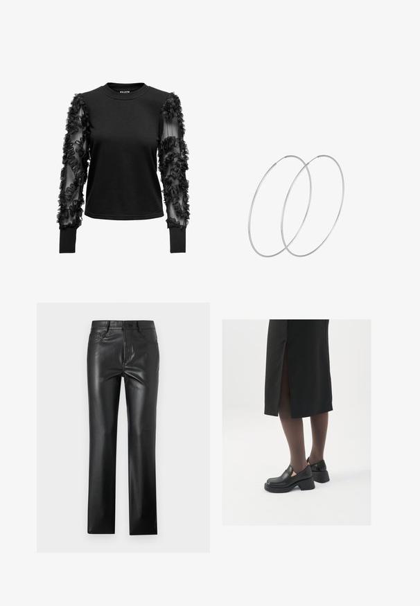Black long-sleeve top featuring a soft, fitted body and sheer sleeves adorned with fabric ruffles, creating a textured accent near the cuffs.; Black leather pants with a straight leg design, featuring front pockets, a button closure, and a smooth, shiny texture.; Black leather shoes with a rounded toe, thick block heel, and elastic side accents, paired with dark tights and a black skirt with a slit.; Silver hoop earrings with a minimalist design. Circular shape, smooth texture, and thin profile. Lightweight with a polished finish.