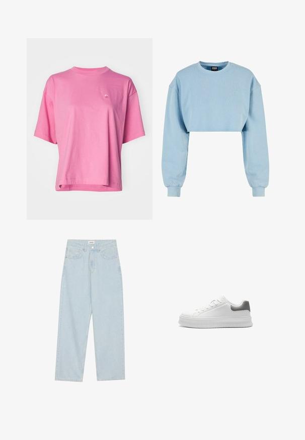 Sweatshirt scurt de culoare albastră deschisă, fabricat dintr-un material moale, având mâneci lungi și un detaliu brodat sub formă de floare pe piept.; Carhartt WIP CHESTER - Tricou basic - charm pink; Jeans largi de culoare albastră deschisă, din denim, cu talie medie, cinci buzunare și închidere cu buton având un accent metalic subțire.; Sneaker alb cu partea superioară din sintetic neted, accent la călcâi gri texturat, vârf rotund și talpă groasă cu caneluri. Design cu șireturi și branding minim.