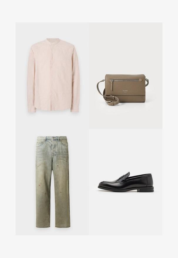 Sort langærmet sweatshirt med gul "Just Cavalli" logo tekst på tværs af brystet, med ribbet manchetter og kant.; Lyserød skjorte med knapper og bærestykke, der har lodrette hvide striber, lange ærmer og lige kant. Stoffet ser ud til at have tekstur.; Slidte denimjeans i lysegrøn med lige ben, femlommerdesign og ujævn falming med malersplatter.; Sorte læderloafers med en glat overflade, rund tå og en dekorativ strop over vampen. Lav hæl med stabeldesign, minimalistisk stil.; Taupe læder crossover taske med en lynlåslomme foran, justerbar skulderrem, pebble tekstur og præget logo på forsiden.