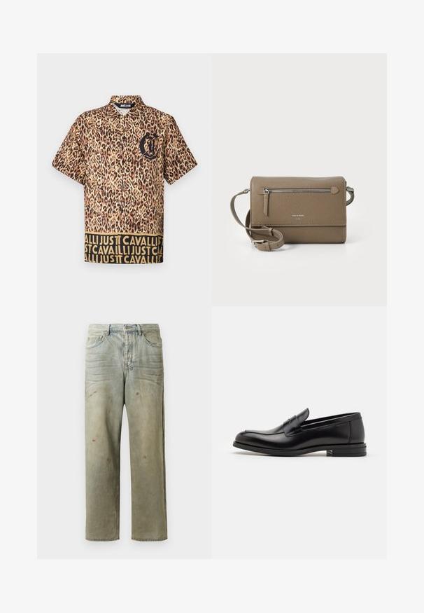 Juodas ilgomis rankovėmis džemperis su auksiniu "Just Cavalli" logotipu per krūtinę, su gumuotais rankogaliais ir apačia.; Trumpai rankovėmis marškiniai su leopardų raštu, juodas logotipas ant krūtinės ir kontrastinga juosmens juosta su pakartotiniu tekstu auksine spalva.; Šviesiai žaliai nuvarytos džinsinės kelnes, su tiesiomis kojomis, penkių kišenių dizainu, nelygiai blukščiantis ir su dažų lašeliais.; Juodos odinės loafers, turinčios lygų paviršių, apvalią noselę ir dekoratyvinę juostą per priekinę dalį. Žemas krentantis kulnas, minimalistinis dizainas.; Kakavinės odos per petį maišas su užtrauktuku priekinėje kišenėje, reguliuojama dirželiu, akmens tekstūra ir iškilniu logotipu priekyje.