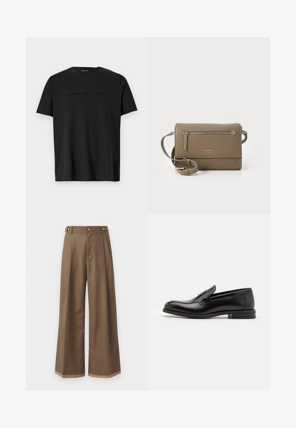 Hanorac negru cu mânecă lungă, având un text cu logo-ul „Just Cavalli” de culoare aurie pe piept, cu manșete și tiv din țesătură cu nervuri.; Tricou din bumbac negru, cu mâneci scurte, având un logo "MICHAEL KORS" subtil embosat pe piept și un guler clasic de tip crew.; Pantaloni largi dintr- о țesătură maro închis, prevăzuți cu două buzunare laterale, două butoane decorative în față și un detaliu de tiv în contrast.; Mocasini din piele neagră cu o textură netedă, vârf rotund și o curea decorativă peste partea superioară. Toc mic, design minimalist.; Geantă de umăr din piele taupe, cu un buzunar frontal cu fermoar, curea ajustabilă, textură de piatră și logo embosat pe față.