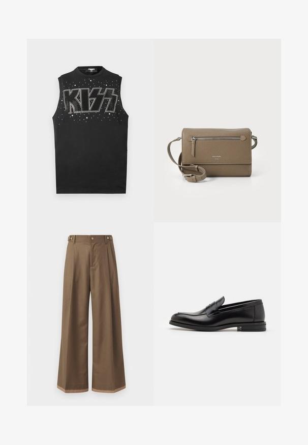 Čierna mikina s dlhými rukávmi a zlatým nápisom "Just Cavalli" cez hrudník, so žebrovanými manžetami a spodným lemom.; Čierne tielko bez rukávov s trblietavým logom "KISS" ozdobeným kryštálikmi, na hladkej textúre látky.; Široké nohavice z tmavohnedej textílie, s dvoma bočnými vreckami, dvoma dekoračnými prednými gombíkmi a kontrastným detailom na leme.; Čierne kožené mokasíny s hladkou textúrou, zaoblenou špičkou a dekoračným pásikom cez priehlavok. Nízky vrstvený opätok, minimalistický dizajn.; Taupe kožená crossbody taška so zipsovým predným vreckom, nastaviteľným popruhom, textúrou z granitového kameňa a embosovaným logom na prednej strane.