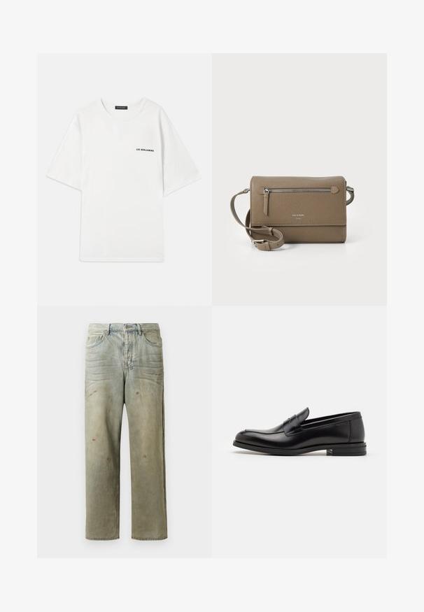 Mustat pitkät hihat -huppari, jossa on kultainen "Just Cavalli" -logo teksti rinnan kohdalla, ja hihansuissa sekä helmassa on resorit.; Valkoinen lyhythihainen t-paita, joka on valmistettu puuvillasta. Ominaisuuksiin kuuluu pyöreä kaula-aukko ja musta "LES BENJAMINS" -teksti vasemmassa rinnassa. Silkinen pinta.; Vaaleanvihreät kulutetut farkut suoran lahkeen, viiden taskun muotoilun ja epätasaisen haalistumisen sekä maalikohoumiin kanssa.; Mustat nahkakengät, joissa on sileä pinta, pyöreä kärki ja koristeellinen nauha jalkapöydän yli. Matala pinoitu koroke, minimalistinen muotoilu.; Harmaa nahkainen olkalaukku, jossa on vetoketjulla varustettu etutasku, säädettävä hihna, kivi- tai rosoinen pinta ja kohokuvioitu logo edessä.