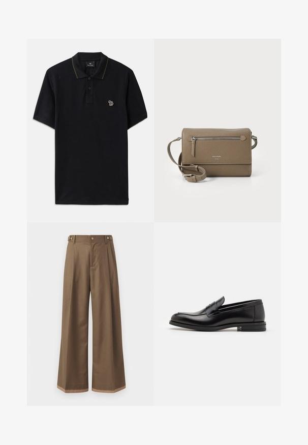 Čierna mikina s dlhými rukávmi a zlatým nápisom "Just Cavalli" cez hrudník, so žebrovanými manžetami a spodným lemom.; Čierna polo košeľa vyrobená z bavlny s zeleným lemovaním na golieri. Na ľavej hrudi sa nachádza malá výšivka multicolor slona.; Široké nohavice z tmavohnedej textílie, s dvoma bočnými vreckami, dvoma dekoračnými prednými gombíkmi a kontrastným detailom na leme.; Čierne kožené mokasíny s hladkou textúrou, zaoblenou špičkou a dekoračným pásikom cez priehlavok. Nízky vrstvený opätok, minimalistický dizajn.; Taupe kožená crossbody taška so zipsovým predným vreckom, nastaviteľným popruhom, textúrou z granitového kameňa a embosovaným logom na prednej strane.