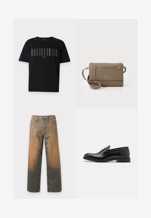 Musthave musta pikkade varrukatega särk, millel on kuldne "Just Cavalli" logo tekst rinnal, ning ribidega mansetid ja ääred.; Must have lühikeste varrukatega must T-särk, millel on mitmevärvilised vertikaalsed triibud rinnal ja väike logo all. Pehme puuvillane kangas.; Laia teksad kulunud sinises ja pruunis denimis. Omavad kõrget vöökohta, eespooltaskuid ja klassikalist nupuga sulgemist metallist aktsentidega.; Mustad mustad nahast loafers sileda tekstuuriga, ümarat ninaosa ja dekoratiivne riba vampi üle. Madal kihiline konts, minimalistlik disain.; Kohvase naha ületõmmatav kott, millel on lukuga esikott, reguleeritav rihm, kivitextuur ja esiküljel embosseeritud logo.