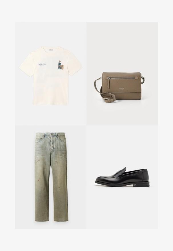 Juodas ilgomis rankovėmis džemperis su auksiniu "Just Cavalli" logotipu per krūtinę, su gumuotais rankogaliais ir apačia.; Kremo spalvos medvilninis marškinėliai su grafika, kurioje pavaizduoti vienas ant kito sukrauti kasetės, kairėje krūtinės pusėje, su mėlynais ir rudi akcentais ir tekstu.; Šviesiai žaliai nuvarytos džinsinės kelnes, su tiesiomis kojomis, penkių kišenių dizainu, nelygiai blukščiantis ir su dažų lašeliais.; Juodos odinės loafers, turinčios lygų paviršių, apvalią noselę ir dekoratyvinę juostą per priekinę dalį. Žemas krentantis kulnas, minimalistinis dizainas.; Kakavinės odos per petį maišas su užtrauktuku priekinėje kišenėje, reguliuojama dirželiu, akmens tekstūra ir iškilniu logotipu priekyje.