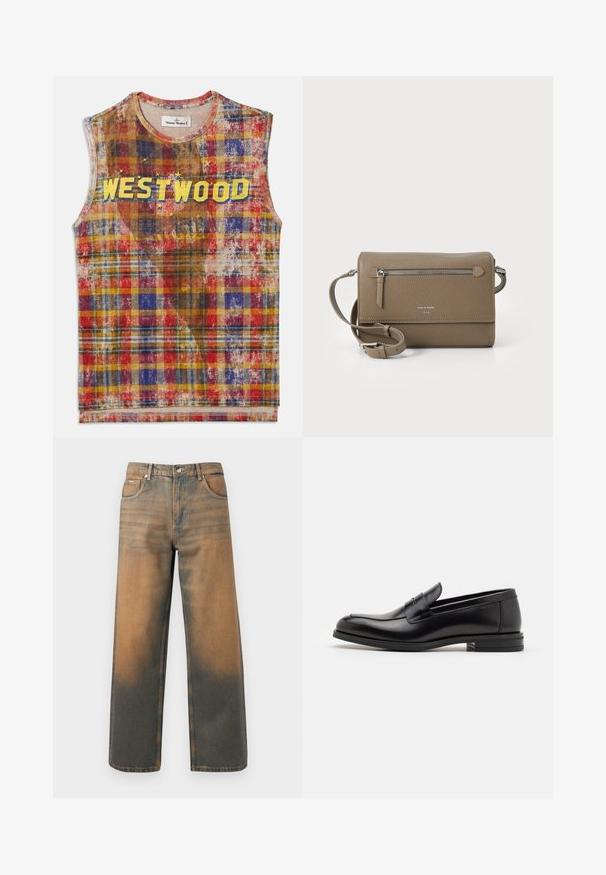 Sweat-shirt noir à manches longues avec le logo doré "Just Cavalli" sur la poitrine, doté de poignets et d'un ourlet côtelés.; Débardeur à carreaux avec des tons rouges, bleus, jaunes et bruns, arborant le mot "WESTWOOD" en lettres jaunes en gras sur la poitrine avec des accents d'étoiles.; Jean large en denim bleu et marron délavé. Caractéristiques : taille haute, poches avant et fermeture à boutons classique avec des accents métalliques.; Mocassins en cuir noir avec une texture lisse, bout rond et une sangle décorative sur le dessus. Talon bas empilé, design minimaliste.; Sac en cuir taupe à bandoulière avec une poche frontale zippée, une sangle réglable, une texture granuleuse et un logo embossé à l'avant.