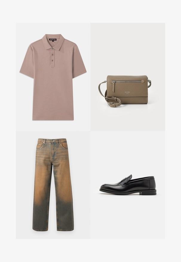 Mustat pitkät hihat -huppari, jossa on kultainen "Just Cavalli" -logo teksti rinnan kohdalla, ja hihansuissa sekä helmassa on resorit.; Paita polo vaaleanruskeasta kankaasta, lyhyet hihat, kolmen napin lista ja brodeerattu "MK" logo rinnassa. Sujuva rakenne.; Levin leveät farkut kuluneessa sinisessä ja ruskeassa denimmissä. Ominaisuuksiin kuuluu korkea vyötärö, etupussit ja klassinen napitus metallikoristeilla.; Mustat nahkakengät, joissa on sileä pinta, pyöreä kärki ja koristeellinen nauha jalkapöydän yli. Matala pinoitu koroke, minimalistinen muotoilu.; Harmaa nahkainen olkalaukku, jossa on vetoketjulla varustettu etutasku, säädettävä hihna, kivi- tai rosoinen pinta ja kohokuvioitu logo edessä.