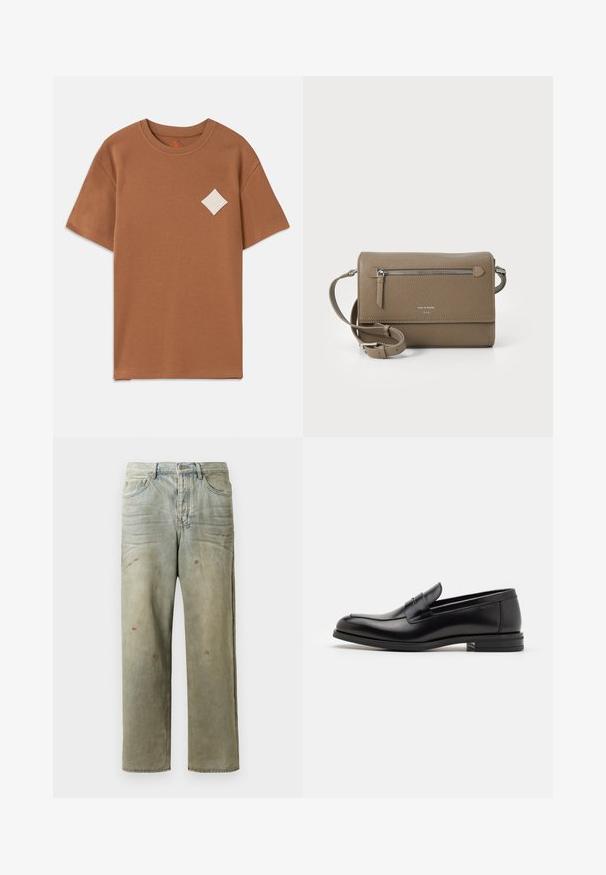 Fekete, hosszú ujjú pulóver arany "Just Cavalli" logóval a mellrészen, bordázott mandzsettákkal és hem.; Barna pamut póló rövid ujjakkal, kerek nyakkivágással és egy fehér gyémánt alakú logóval a bal mellrészen.; Fakó zöld, kopott farmerszadrág, egyenes lábbal, ötk zsebes kialakítással, egyenetlen kopással és festékcseppekkel.; Fekete bőr loaferek sima textúrával, kerek orral és dekoratív pánttal a vampnál. Alacsony, rétegelt sarkú, minimalista dizájn.; Taupe színű bőr keresztpántos táska cipzáras elülső zsebbel, állítható pánttal, gyöngy felületű textúrával és a táska elején domború logóval.