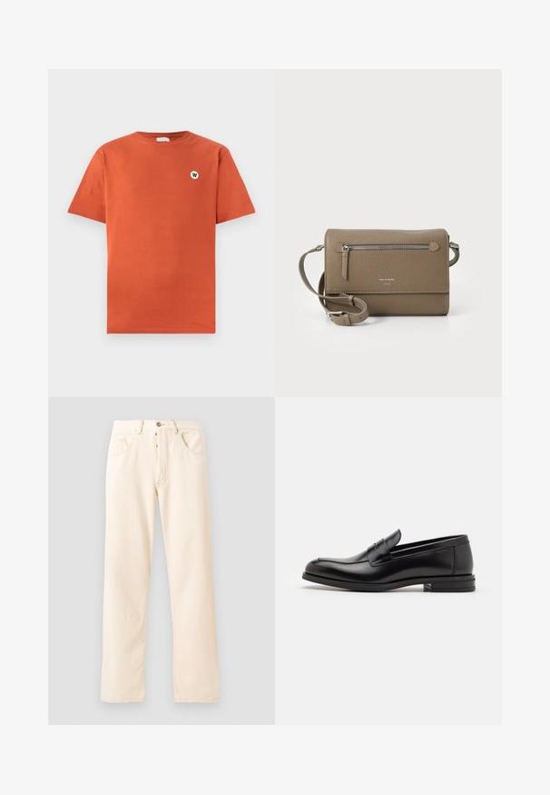 Svart långärmad sweatshirt med guld "Just Cavalli" logotext över bröstet, med ribbade ärmslut och nederkant.; T-shirt i bomull i bränd orange, standard passform, rund halsringning, korta ärmar, med en liten rund vit logotyp på bröstet.; Ljusbeiga denimjeans med rak bendesign, fem fickor och knappstängning fram. Sömmen syns längs med sömmarna.; Svarta läderloafers med en slät yta, rund tå och ett dekorativt band över främre delen. Låg staplad klack, minimalistisk design.; Taupe läder crossbody-väska med en dragkedjeförsedd framficka, justerbar rem, pebble-textur och präglad logotyp på framsidan.