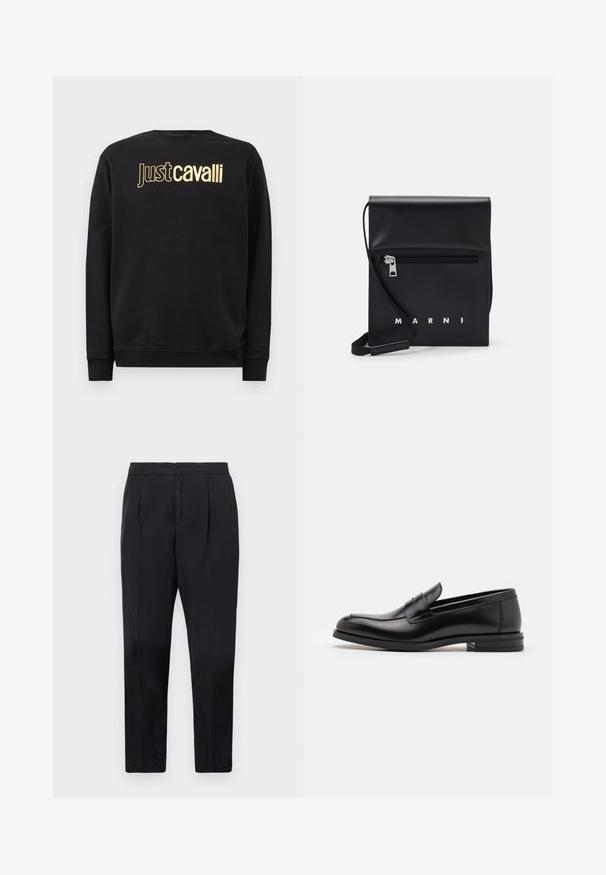 Black long-sleeve sweatshirt with gold "Just cavalli" logo text across the chest, featuring ribbed cuffs and hem.; Black trousers with a slim fit, featuring side pleats, a smooth texture, and an elastic waistband. No visible pockets or patterns.; Black leather loafers with a smooth texture, rounded toe, and a decorative strap across the vamp. Low stacked heel, minimalist design.; Black leather crossbody bag with a zippered front pocket, embossed logo, and adjustable strap. Smooth texture with a structured shape.