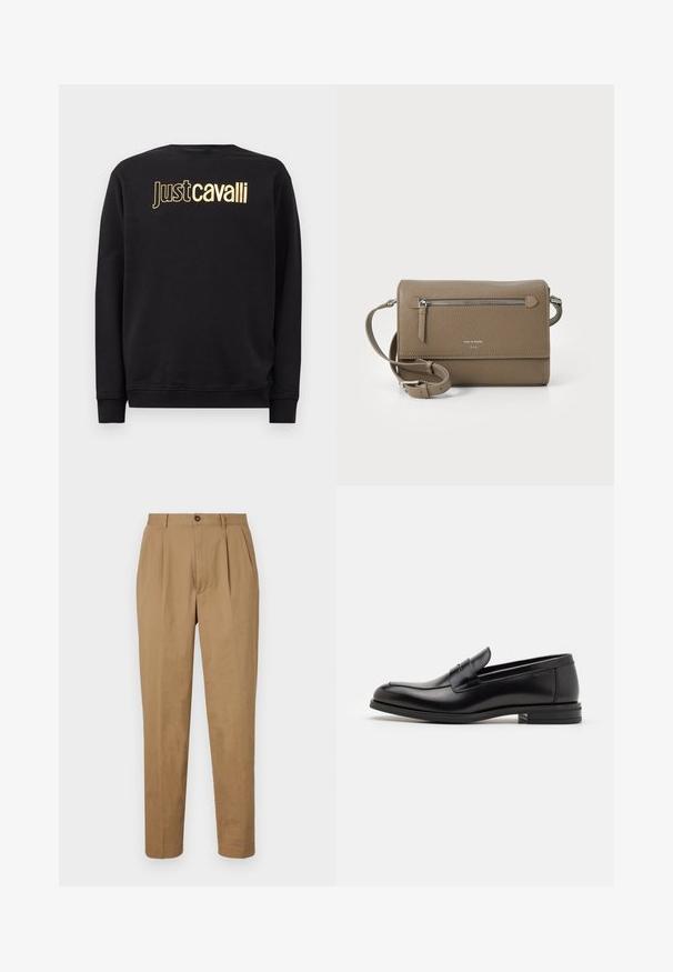 Black long-sleeve sweatshirt with gold "Just cavalli" logo text across the chest, featuring ribbed cuffs and hem.; Tan pleated trousers with a straight cut, made of a smooth fabric. Features a front button closure and side pockets.; Black leather loafers with a smooth texture, rounded toe, and a decorative strap across the vamp. Low stacked heel, minimalist design.; Taupe leather crossbody bag with a zippered front pocket, adjustable strap, pebble texture, and embossed logo on the front.