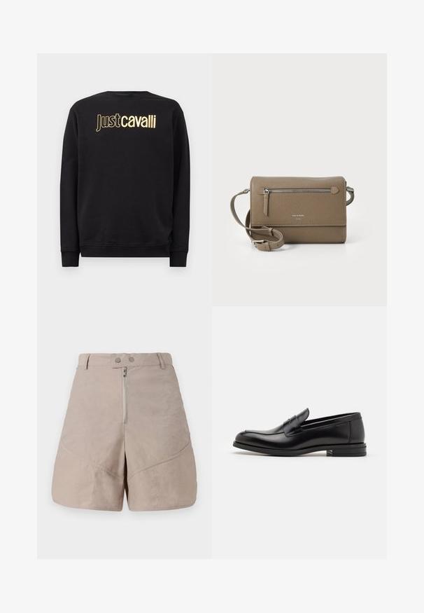 Sudadera negra de manga larga con el texto del logo dorado "Just Cavalli" en el pecho, con puños y dobladillo acanalados.; Pantalones cortos beige con una tela suave y texturizada. Presentan un cierre frontal con cremallera, dos cierres de botón y detalles de costura en diagonal.; Mocasines de cuero negro con una textura suave, puntera redondeada y una tira decorativa en el empeine. Tacón bajo apilado, diseño minimalista.; Bolso cruzado de cuero topo con un bolsillo frontal con cremallera, correa ajustable, textura de grano y logotipo en relieve en la parte delantera.