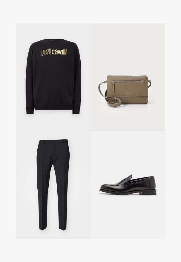 Black long-sleeve sweatshirt with gold "Just cavalli" logo text across the chest, featuring ribbed cuffs and hem.; Dark navy trousers with a slim fit. Made from smooth, textured fabric, featuring a flat front, belt loops, and side pockets.; Black leather loafers with a smooth texture, rounded toe, and a decorative strap across the vamp. Low stacked heel, minimalist design.; Taupe leather crossbody bag with a zippered front pocket, adjustable strap, pebble texture, and embossed logo on the front.