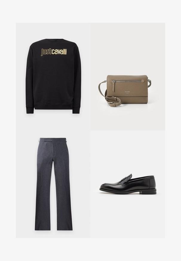 Black long-sleeve sweatshirt with gold "Just cavalli" logo text across the chest, featuring ribbed cuffs and hem.; Gray tailored trousers made of a textured fabric, featuring a straight cut, subtle crease, and side waistband loops for belt attachment.; Black leather loafers with a smooth texture, rounded toe, and a decorative strap across the vamp. Low stacked heel, minimalist design.; Taupe leather crossbody bag with a zippered front pocket, adjustable strap, pebble texture, and embossed logo on the front.