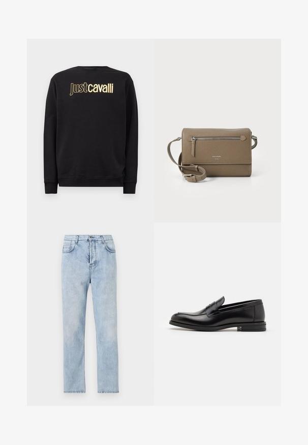 Juodas ilgomis rankovėmis džemperis su auksiniu "Just Cavalli" logotipu per krūtinę, su gumuotais rankogaliais ir apačia.; Šviesiai mėlynos džinsinės kelnės su tiesiais džinsais, penkių kišenių dizainu ir matomais siūlės. Medžiaga yra minkšta su šiek tiek išblukusiu apdailos efektu.; Juodos odinės loafers, turinčios lygų paviršių, apvalią noselę ir dekoratyvinę juostą per priekinę dalį. Žemas krentantis kulnas, minimalistinis dizainas.; Kakavinės odos per petį maišas su užtrauktuku priekinėje kišenėje, reguliuojama dirželiu, akmens tekstūra ir iškilniu logotipu priekyje.