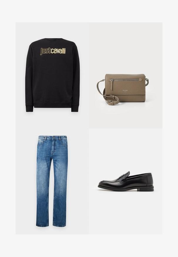 Sudadera negra de manga larga con el texto del logo dorado "Just Cavalli" en el pecho, con puños y dobladillo acanalados.; Vaqueros de denim azul con corte recto, que cuentan con cinco bolsillos, trabillas para el cinturón y un ligero desgaste en la tela.; Mocasines de cuero negro con una textura suave, puntera redondeada y una tira decorativa en el empeine. Tacón bajo apilado, diseño minimalista.; Bolso cruzado de cuero topo con un bolsillo frontal con cremallera, correa ajustable, textura de grano y logotipo en relieve en la parte delantera.