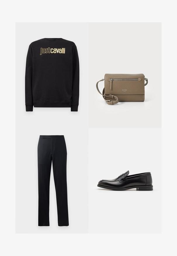Sudadera negra de manga larga con el texto del logo dorado "Just Cavalli" en el pecho, con puños y dobladillo acanalados.; Pantalones negros con un diseño de pierna recta, con una textura suave y una cinturilla plana, adecuados para uso formal o casual.; Mocasines de cuero negro con una textura suave, puntera redondeada y una tira decorativa en el empeine. Tacón bajo apilado, diseño minimalista.; Bolso cruzado de cuero topo con un bolsillo frontal con cremallera, correa ajustable, textura de grano y logotipo en relieve en la parte delantera.