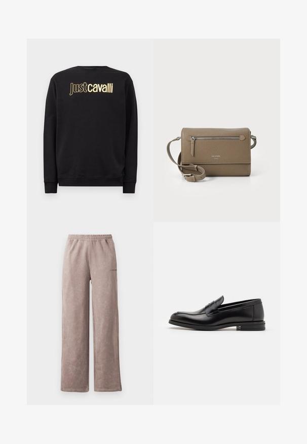 Melna garo piedurkņu sporta krekls ar zelta "Just Cavalli" logotipa tekstu krūtīs, ar ribotām piedurknēm un apakšmalu.; Gaiši brūnas sporta bikses ar mīkstu teksturētu apdari, plašu kāju dizainu, elastīgu jostu un sīku logo detaļu sānos.; Melnas ādas kurpes ar gludu tekstūru, noapaļu purngalu un dekoratīvu siksniņu pāri priekšpusei. Zems sakrauts papēdis, minimālisma dizains.; Taupe krāsas ādas pleca soma ar rāvējslēdzēja priekšējo kabatu, regulējamu siksnu, akmens tekstūru un iegravētu logo priekšpusē.