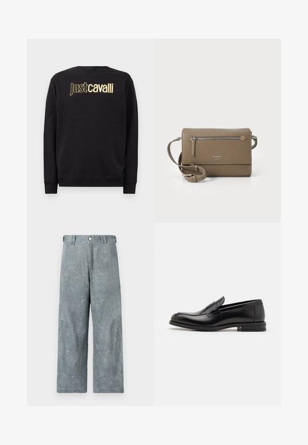 Černá mikina s dlouhým rukávem a zlatým nápisem "Just Cavalli" přes prsa, s vroubkovanými manžetami a lemem.; Světlé šedé džíny s širokými nohavicemi a texturovaným povrchem, s knoflíkovým zapínáním, poutky na opasek a mírně vybledlým vzhledem.; Černé kožené polobotky s hladkou texturou, zaoblenou špičkou a zdobným páskem přes nárt. Nízký stohovaný podpatek, minimalistický design.; Taupe kožená crossbody kabelka s přední kapsou na zip, nastavitelním popruhem, texturou z jemných kostek a embosovaným logem na přední straně.