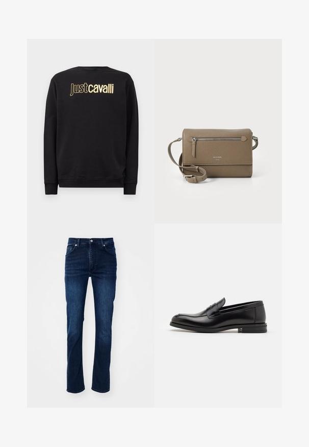 Fekete, hosszú ujjú pulóver arany "Just Cavalli" logóval a mellrészen, bordázott mandzsettákkal és hem.; Sötétkék farmernadrág egyenes szárú szabással, klasszikus öt zsebes dizájnnal és finom varrási részletekkel.; Fekete bőr loaferek sima textúrával, kerek orral és dekoratív pánttal a vampnál. Alacsony, rétegelt sarkú, minimalista dizájn.; Taupe színű bőr keresztpántos táska cipzáras elülső zsebbel, állítható pánttal, gyöngy felületű textúrával és a táska elején domború logóval.