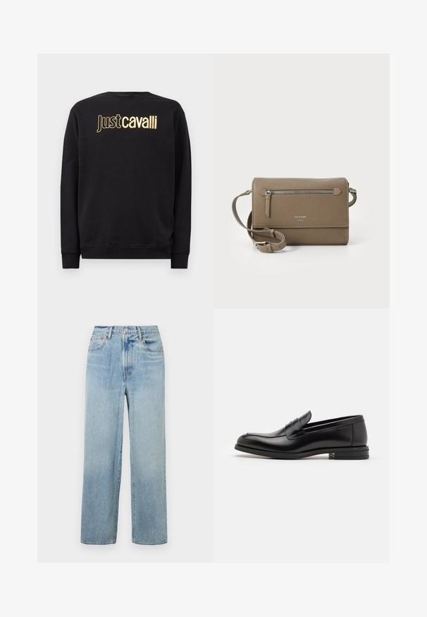 Hanorac negru cu mânecă lungă, având un text cu logo-ul „Just Cavalli” de culoare aurie pe piept, cu manșete și tiv din țesătură cu nervuri.; Jeans din denim de culoare albastru deschis, cu picior drept și talie înaltă, având cinci buzunare și decolorare subtilă. Marginile tăiate și detalii cu cusături în contrast.; Mocasini din piele neagră cu o textură netedă, vârf rotund și o curea decorativă peste partea superioară. Toc mic, design minimalist.; Geantă de umăr din piele taupe, cu un buzunar frontal cu fermoar, curea ajustabilă, textură de piatră și logo embosat pe față.