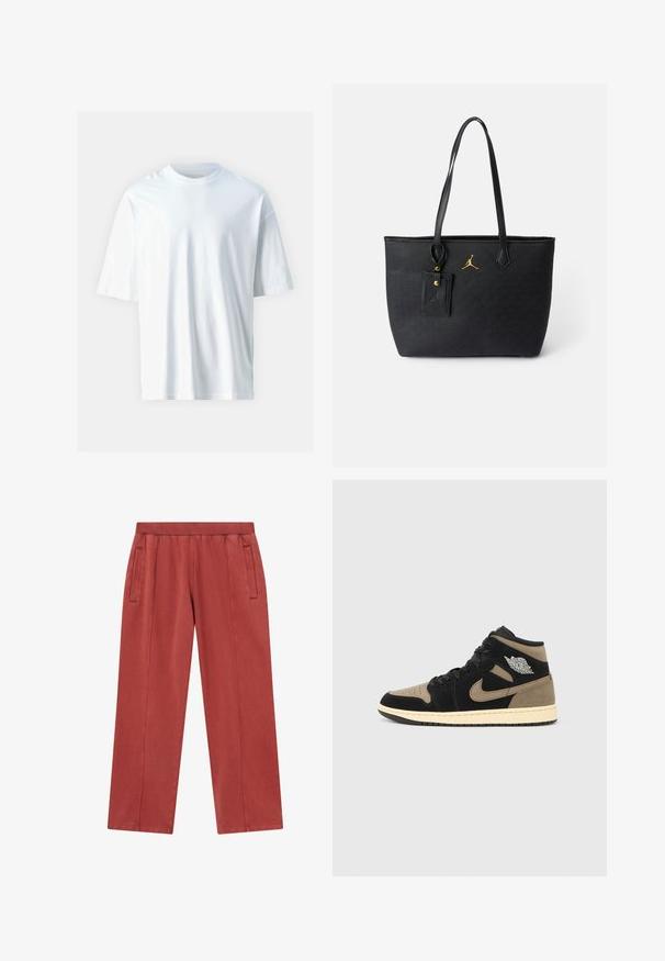 Sort sweatshirt med lange ærmer, pyntet med en stor grøn kløver på brystet og et lille hvidt logo nær den højre skulder.; Hvid kortærmet t-shirt lavet af blødt bomuld. Har en rund halsudskæring, afslappet pasform og glat tekstur. Ingen synlige mønstre eller accenter.; Rustfarvede, vide bukser lavet af blødt stof, med sidelommer og en struktureret talje for komfort.; Høje sneakers med sort og tan ruskind, perforeret tå, beige mellemsål, sorte snørebånd og en sølvlogo på siden.; Sort tote bag lavet af tekstureret syntetisk materiale, med et guld logo, flade håndtag og et vedhæftet mærke.; Sort rygsæk med en tekstureret overflade, forhøjede logoer, guld lynlås og en frontlomme. Buet top og justerbare stropper.