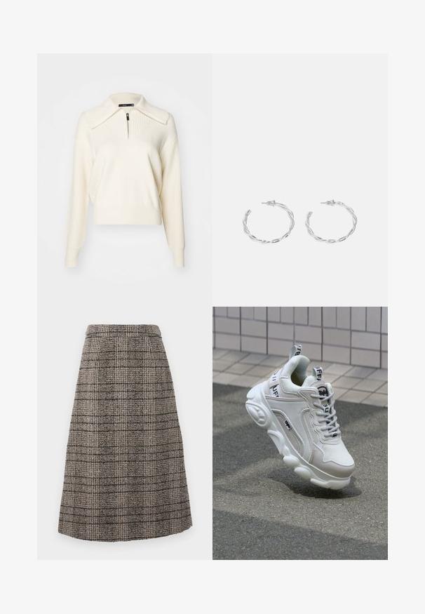 Kreemivärvi kudum, millel on tõmblukuga kaelus, ribakujuline tekstuur, pikad varrukad ja lõdvestunud lühem fit. Aktsentide seas on ka õmbluste detailid.; Villa-villasekoituksesta valmistettu kynähame, jossa on ruskea ja harmaa ruutukuosi, rakenteellinen muotoilu ja siisti viimeistely helman kohdalla.; Valkoiset tennarit, joissa on verkko- ja nahkamateriaaleja, pyöreä kärki, paksu pohja, erottuvat nauhat sekä brändäys kantapäässä ja kielessä.; Hope hopea, joissa on kierren muotoilu, kiiltävä pinta ja takana kiinnitettävä suljin. Halkaisija noin 3 cm.