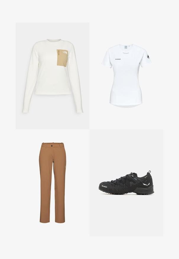 Hvid langærmet skjorte lavet af tekstureret stof med en beige lomme i patch-format, der har en snor og logo.; Kortærmet hvid sportsshirt med rund hals, prydet med et logo på brystet og en glat, let stofstruktur.; Mammut Outdoorbukser - claystone; Sorte vandresko med en tekstureret stofoverdel, snøresystem og robust gummisål. Accenteret med reflekterende detaljer og logoer.