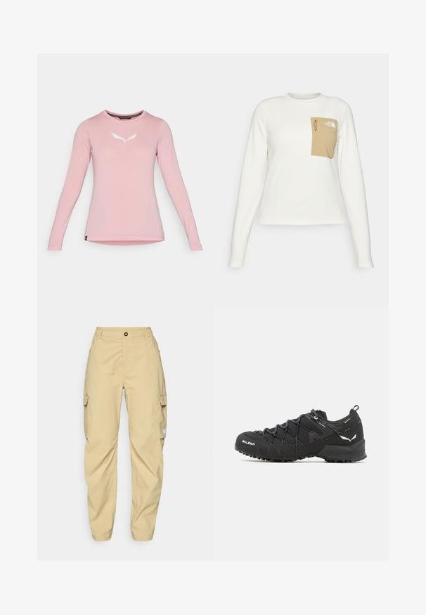 Valkoinen pitkähiha shirt, joka on valmistettu teksturoidusta kankaasta, jossa on beige laukkutasku, jossa on naru ja logo.; Vaaleanpunainen pitkähihaisella pyöreällä kauluksella varustettu paita, jossa on valkoinen minimalistinen logo kescenteröitynä rinnan kohdalla, esiteltynä yksinkertaisella valkoisella taustalla.; The North Face EXPLORATION CARGO PANTS - Ulkohousut - khaki stone; Mustat vaelluskengät, joissa on teksturoitu kangaspinta, nauhakiinnitys ja kestävä kumipohja. Korostettu heijastavilla yksityiskohdilla ja logoilla.