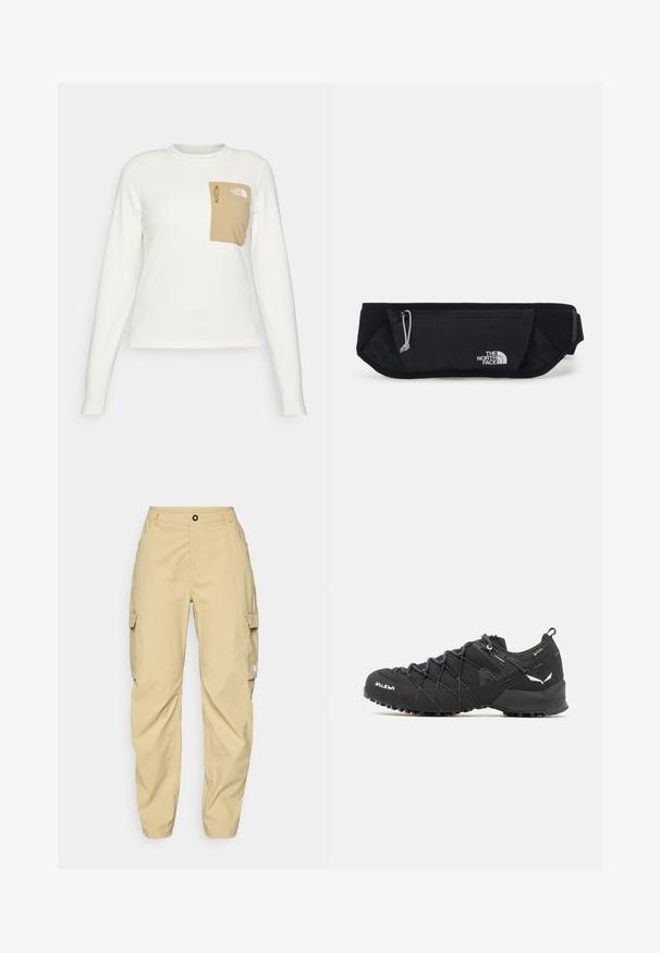 Witte longsleeve shirt gemaakt van een gestructureerde stof met een beige patch zak voorzien van een trekkoord en logo.; The North Face EXPLORATION CARGO PANTS - Outdoorbroeken - khaki stone; Zwarte wandelschoenen met een bovenkant van textuurstof, een vetersysteem en een robuuste rubberen zool. Verfraaid met reflecterende details en logo's.; The North Face SUNRISER RUN BELT UNISEX - Heuptas - black/white