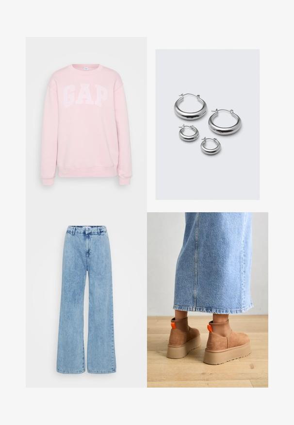 Light pink sweatshirt with white "GAP" text, round neckline, long sleeves, ribbed cuffs, and bottom hem. Soft fabric texture.; Light blue wide-leg jeans made of denim, featuring a high waist, front button closure, and subtle fading across the fabric.; Brown suede platform boots with elastic side panels and orange pull tabs, paired with a knee-length light denim skirt on a wooden floor.; Four pairs of silver hoop earrings in varying sizes: large smooth circles and smaller rounded styles with a polished finish and simple clasps.