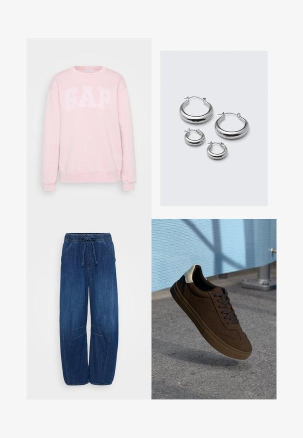 Light pink sweatshirt with white "GAP" text, round neckline, long sleeves, ribbed cuffs, and bottom hem. Soft fabric texture.; Denim pants in dark blue with an elastic waist and drawstring. Features two side pockets and stitching accents, tapered leg openings.; Brown suede low-top sneakers with black laces, featuring a white heel cap and textured stitching details. Rubber sole.; Four pairs of silver hoop earrings in varying sizes: large smooth circles and smaller rounded styles with a polished finish and simple clasps.