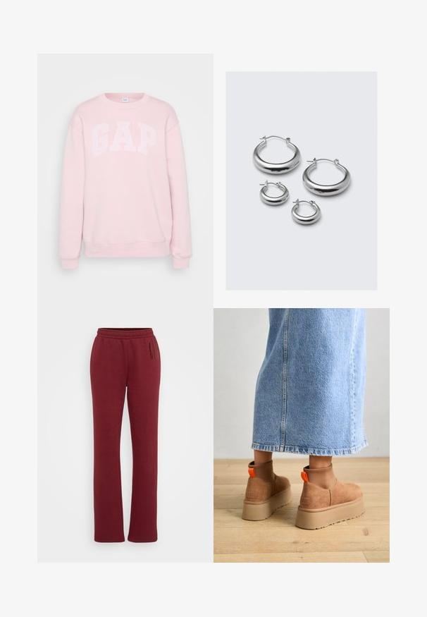 Sweatshirt rosa claro com o texto branco "GAP", gola redonda, mangas longas, punhos e barra ribados. Textura de tecido suave.; Sweatpants borgonha com cintura elástica, design de perna reta e bolsos laterais. Textura suave, detalhes minimalistas.; Botas plataforma em camurça castanha com painéis laterais elásticos e puxadores laranja, combinadas com uma saia de ganga clara até ao joelho, em um chão de madeira.; Quatro pares de brincos de argola em prata em tamanhos variados: grandes círculos lisos e estilos arredondados menores com um acabamento polido e fechos simples.