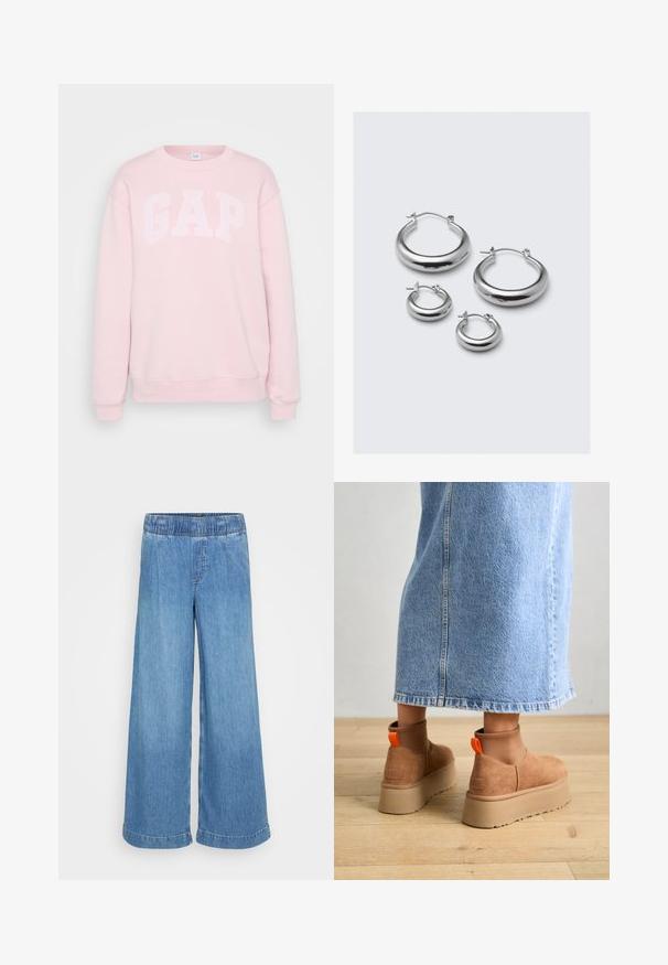 Svetloružový sveter s bielym nápisom "GAP", okrúhly výstrih, dlhé rukávy, rebrované manžety a spodný lem. Mäkká textúra látky.; Svetlomodré, široké džínsy vyrobené z denimu s elastickým pásom a bez viditeľných vreciek. Majú čistý vzhľad s vykrojenými lemami.; Hnedé zamskové platformové čižmy s elastickými bočnými panelmi a oranžovými ťahákmi, v kombinácii s sukňou z ľahkého denimu po kolená, na drevenej podlahe.; Štyri páry strieborných kruhových náušníc rôznych veľkostí: veľké hladké kruhy a menšie zaoblené štýly s lešteným povrchom a jednoduchými sponami.