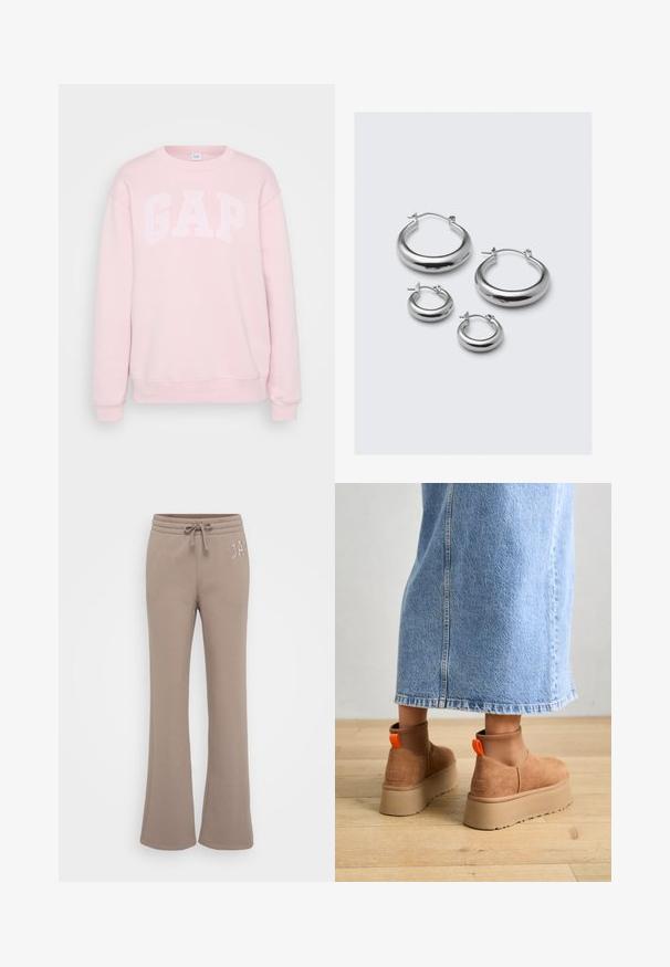 Svetlo roza pulover z belim napisom "GAP", okrogli izrez, dolgi rokavi, ribbed manšete in spodnji rob. Mehka tekstura tkanine.; Svetlosmeđi, razvučeni dukseričasti hlače od mekog materijala, s elastičnim pojasom i vezicom te izvezenim tekstom na lijevom kuku.; Rjave suede platform čizme z elastičnimi stranskimi paneli in oranžnimi zankami, v kombinaciji s svetlobno denim krilom do kolen na lesenem tleh.; Štiri pare srebrnih obročastih uhanskih uhani v različnih velikostih: veliki gladki krogi in manjši zaobljeni modeli s poliranim zaključkom ter preprostimi zaponkami.